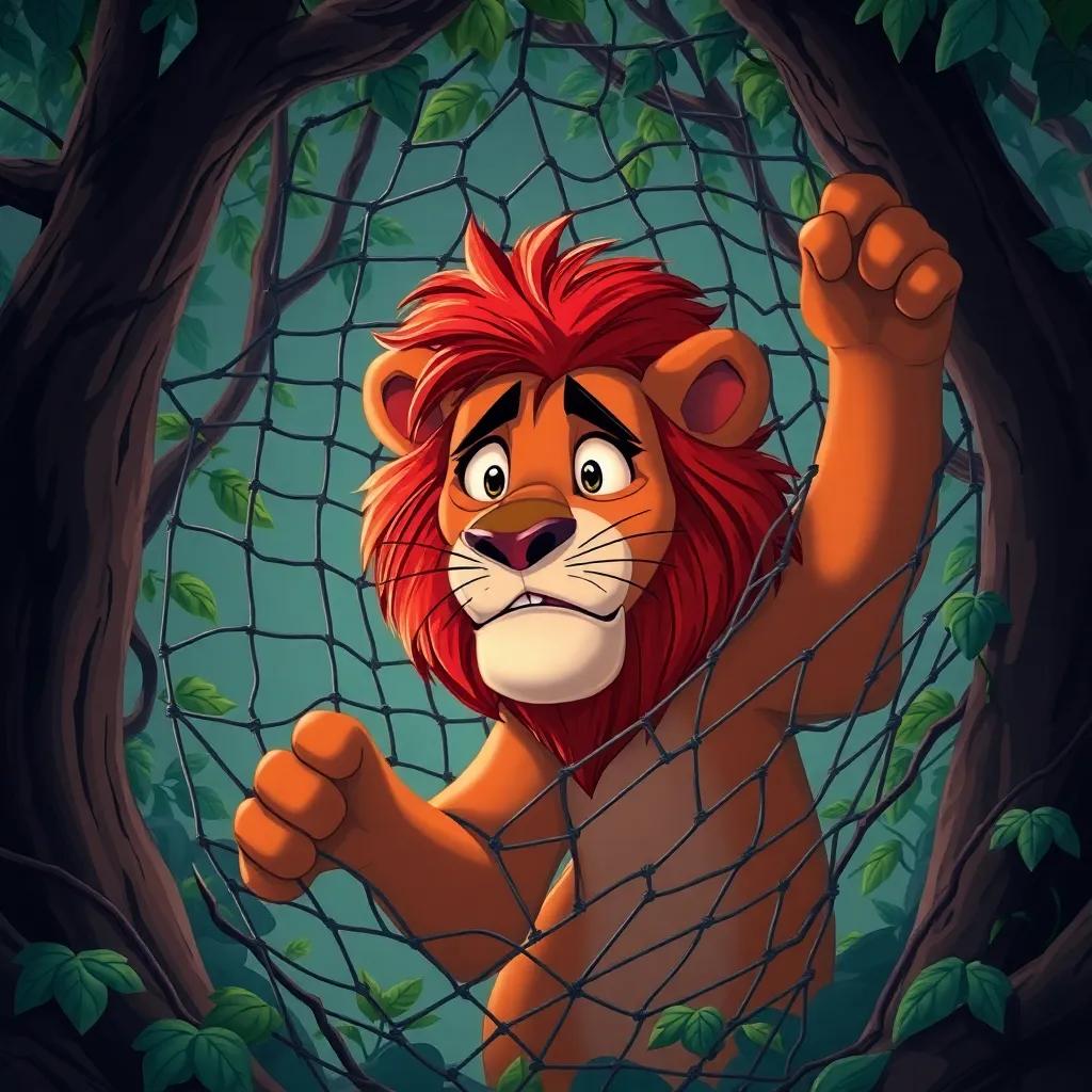 The lion in a net trap, struggling to escape with a worried expression, surrounded by trees and vines, dramatic illustration, emotive colors, tense atmosphere, high quality.