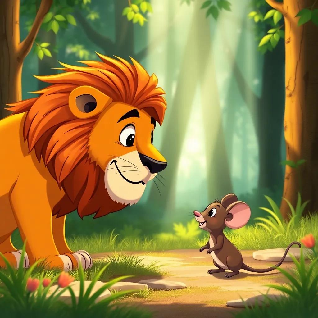 The lion looking amazed at the mouse, both in a forest clearing with sunlight streaming down, cheerful atmosphere, illustrative style, colorful, high quality.