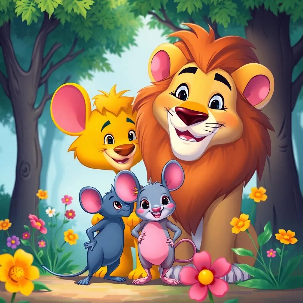 The mouse smiling proudly, standing beside the lion, with trees and flowers around them, colorful and bright, friendship vibes, charming illustration, high quality.
