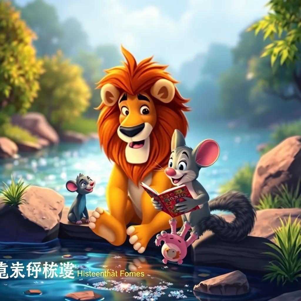 The mouse sharing stories of his adventures with the lion, sitting by a sparkling river, lively colors, joyous atmosphere, high quality.
