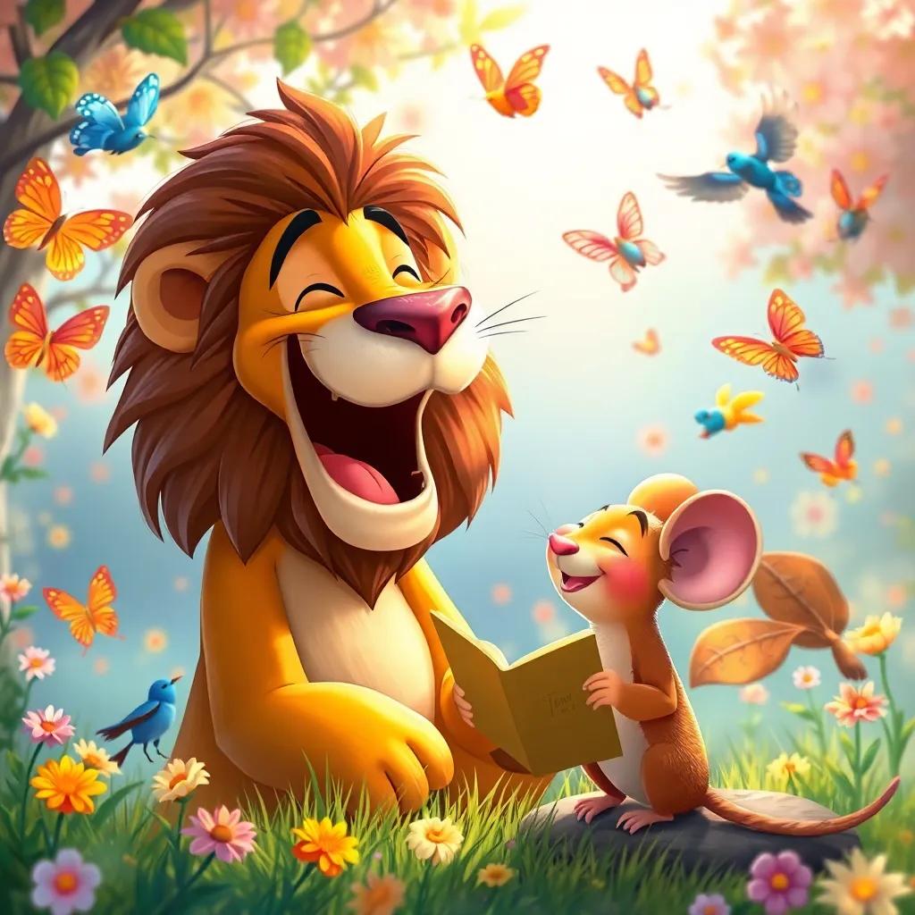 The lion laughing heartily at the mouse's stories, surrounded by butterflies and birds, lighthearted scene, vibrant colors, artistic illustration, high quality.