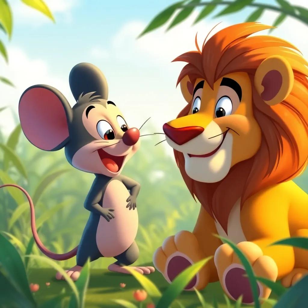 The mouse and lion enjoying a sunny day, playing together in the jungle, with smiles and laughter, colorful and cheerful, child-friendly style, high quality.