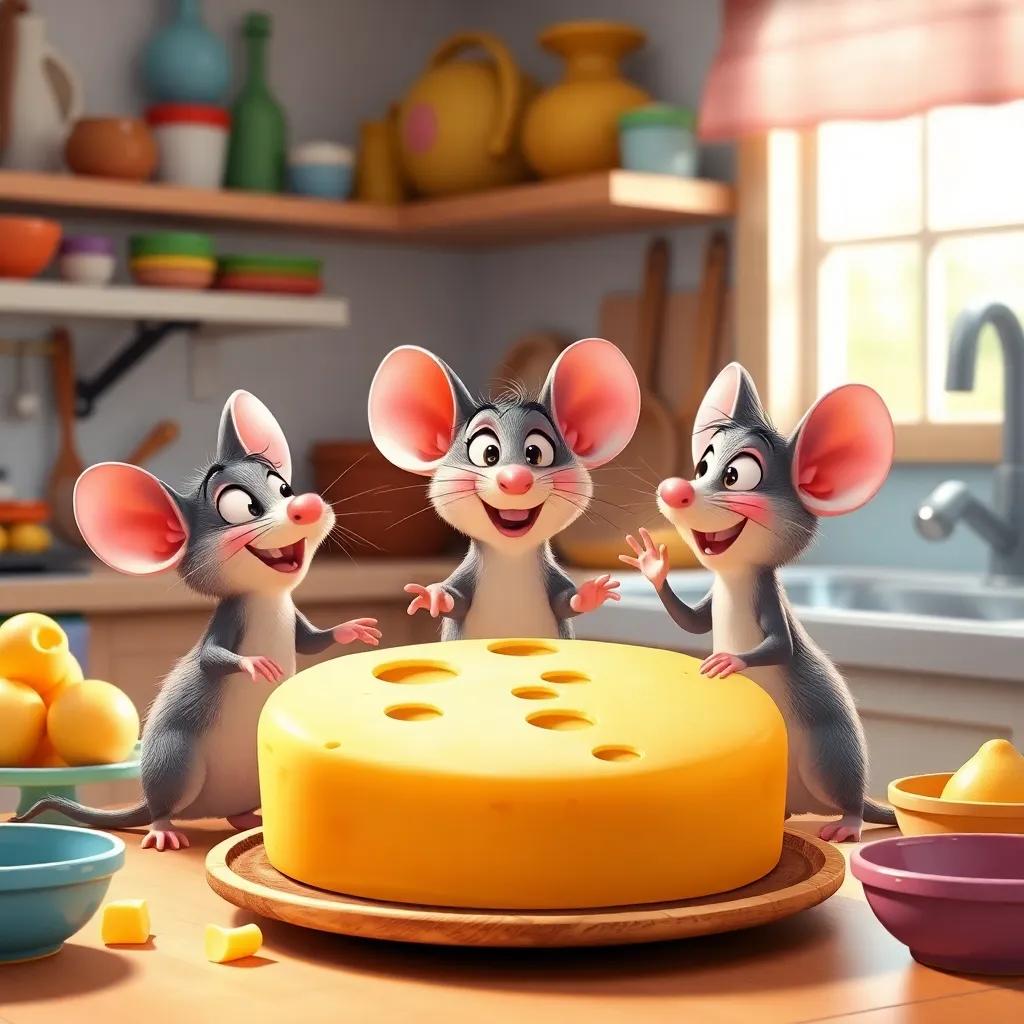 Three mice looking at a big piece of cheese in a bright kitchen, colorful kitchenware around, joyful expressions, illustration, fun and adventurous vibe