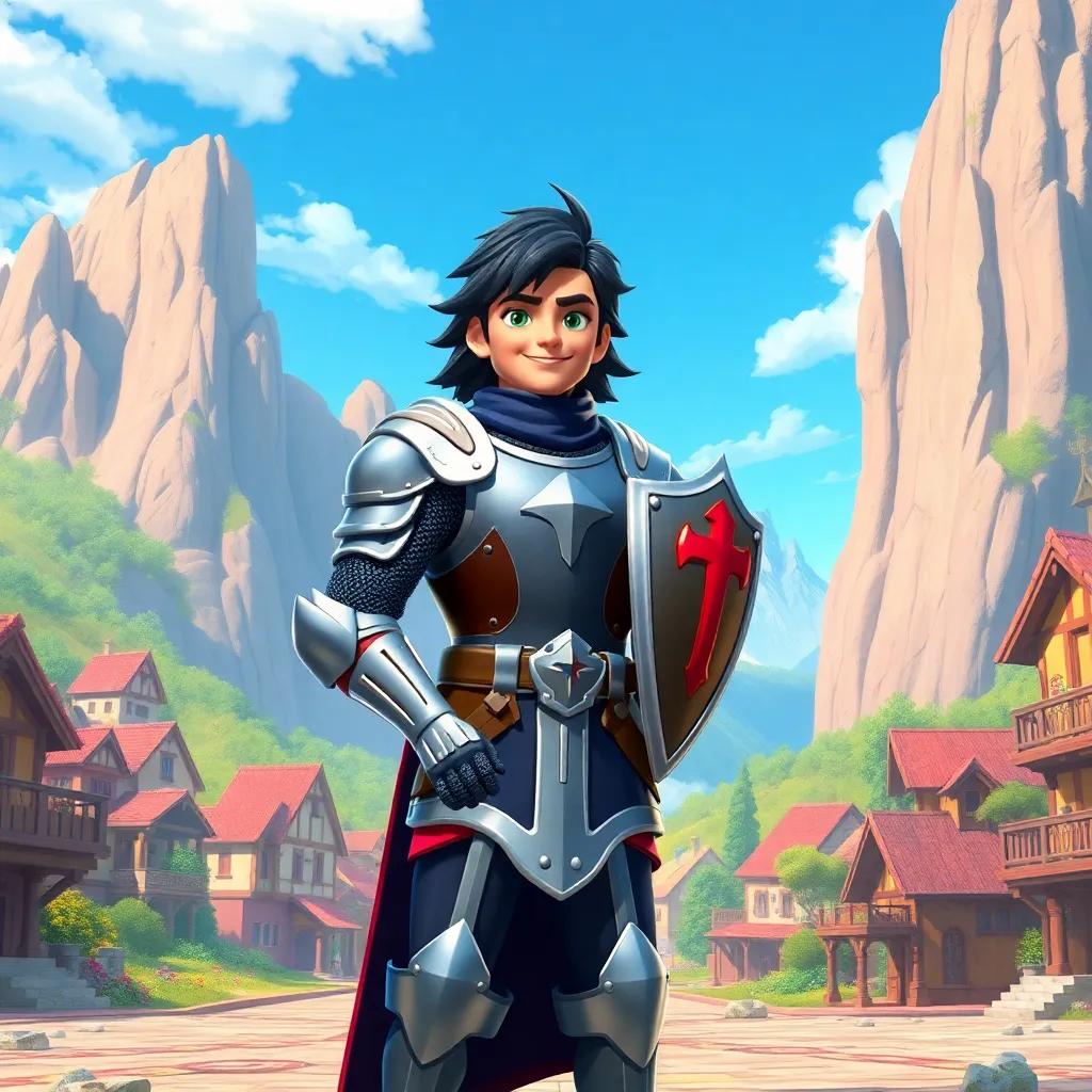 A brave knight, Ali, with dark hair and shining armor, standing proudly in a beautiful village surrounded by tall mountains, digital art, bright colors, cheerful scene, high quality