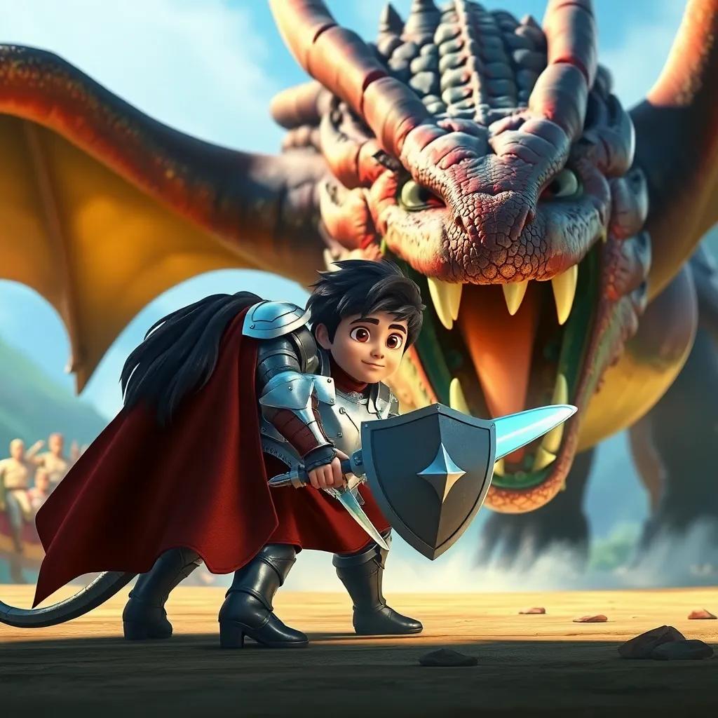 Ali, the brave knight, with dark hair and shining armor, facing a large dragon with big wings, vibrant colors, heroic pose, action-packed atmosphere, high quality