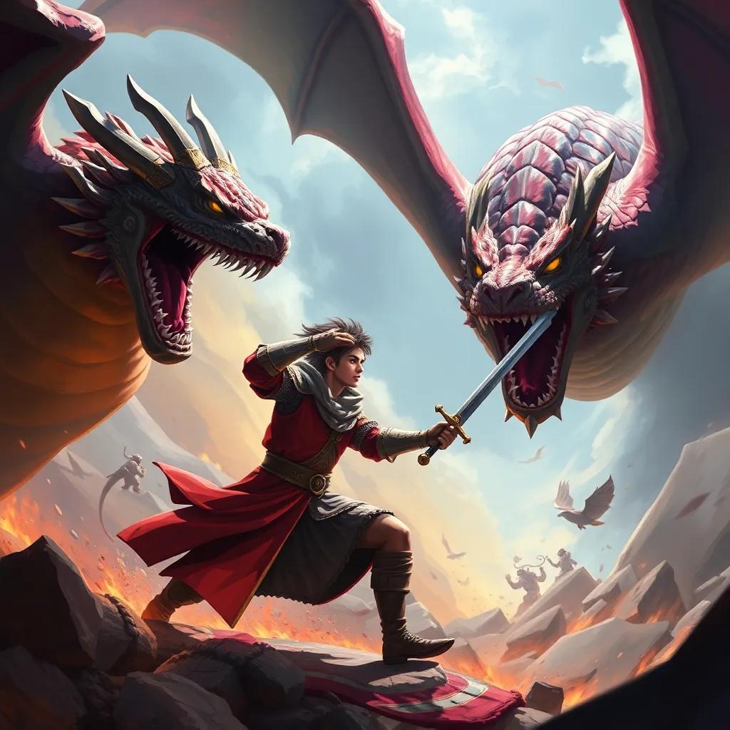 A fierce battle scene between Ali the knight and the dragon, with Ali using his sword wisely while showing bravery, digital painting, intense colors, dynamic movement, high quality