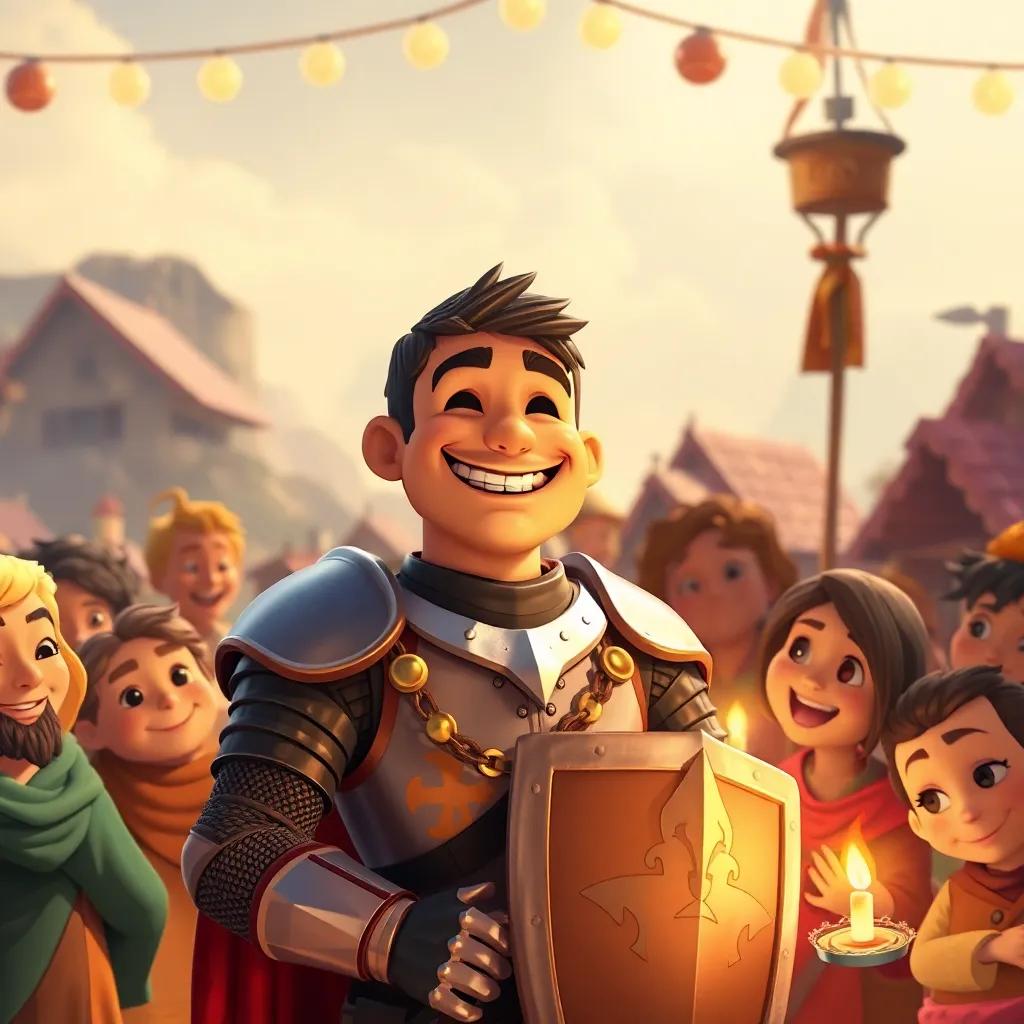 Ali the knight smiling after the battle, surrounded by happy villagers who are celebrating his courage, warm colors, festive atmosphere, heartwarming scene, high quality