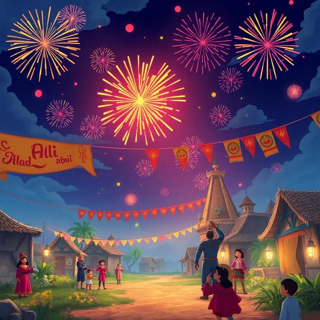 The village celebrating with banners and fireworks in the sky as Ali the knight returns, showing joy and gratitude, colorful, lively atmosphere, high quality