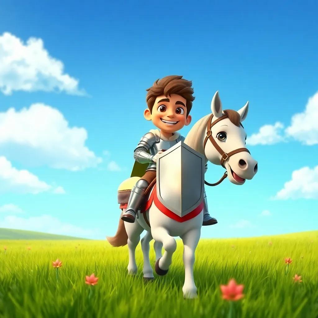A brave knight, Sami, with a shining armor and a smiling face, riding a beautiful horse, Zahra, in a lush green field under a blue sky, digital art, vibrant colors, cheerful atmosphere, high quality