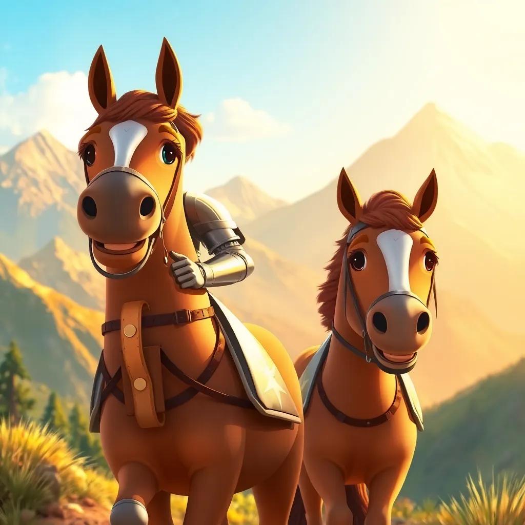 Sami, a brave knight, with shining armor and a cheerful smile, walking through beautiful mountains with his horse, Zahra, in the foreground, golden sunshine, warm colors, adventure-themed, illustration