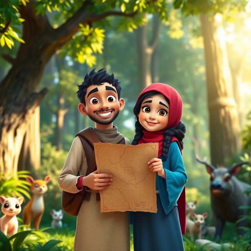 Sami and Leila, a brave girl, standing together with a map in their hands and smiling, surrounded by trees and animals in a vibrant forest, bright sunlight filtering through the leaves, friendly and adventurous, high quality