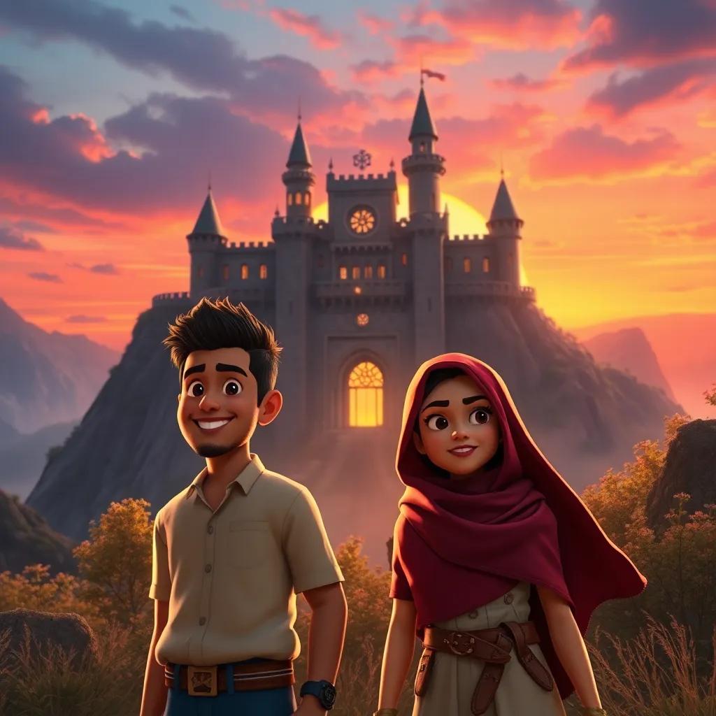 A mysterious hidden castle in the background, with Sami and Leila standing in front of it, full of excitement and determined expressions, colorful sunset in the background, warm light, high quality, epic adventure