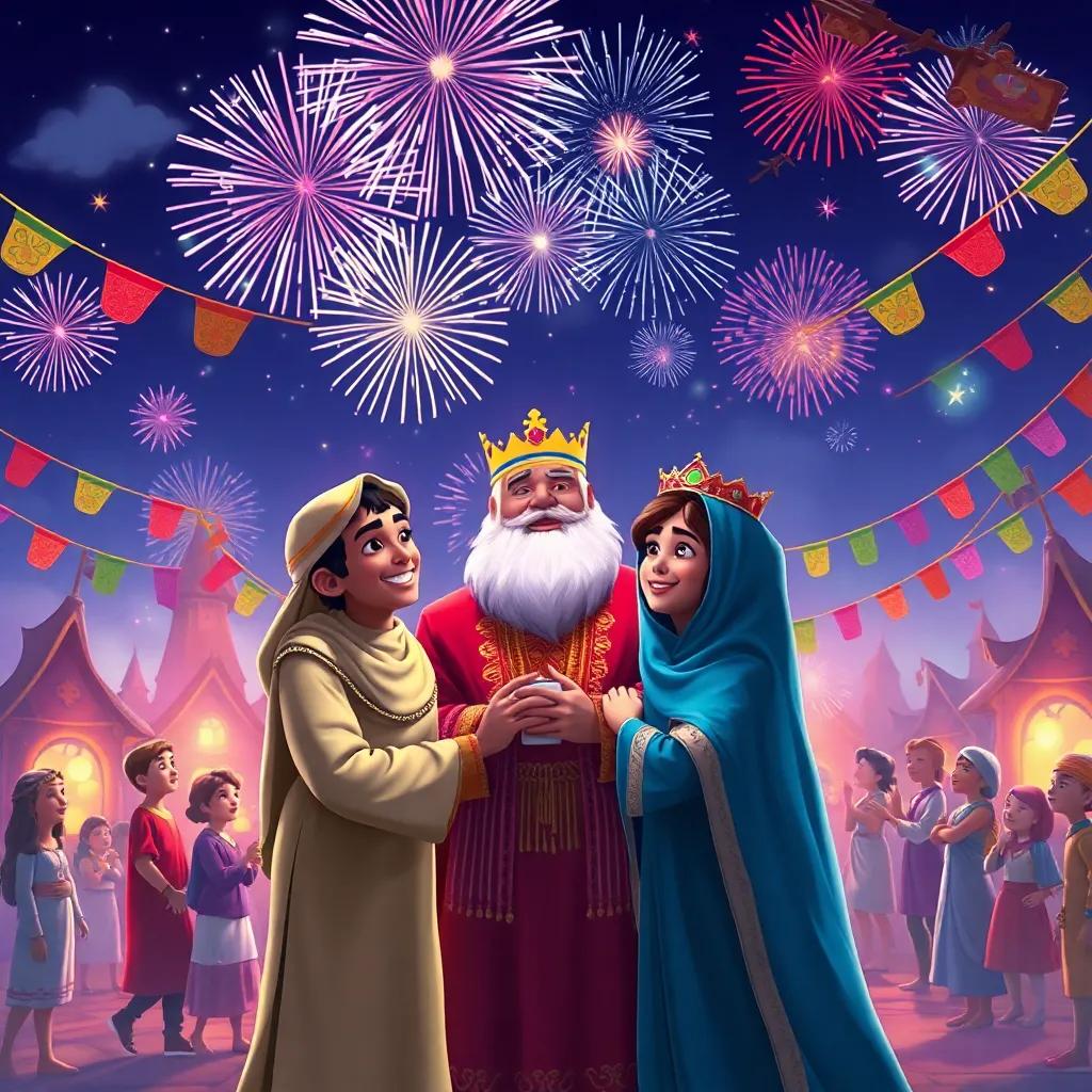 Sami and Leila celebrating with the rescued king in a joyful scene, with fireworks in the sky, colorful banners, and happy villagers all around, magical and festive atmosphere, child-friendly, high quality