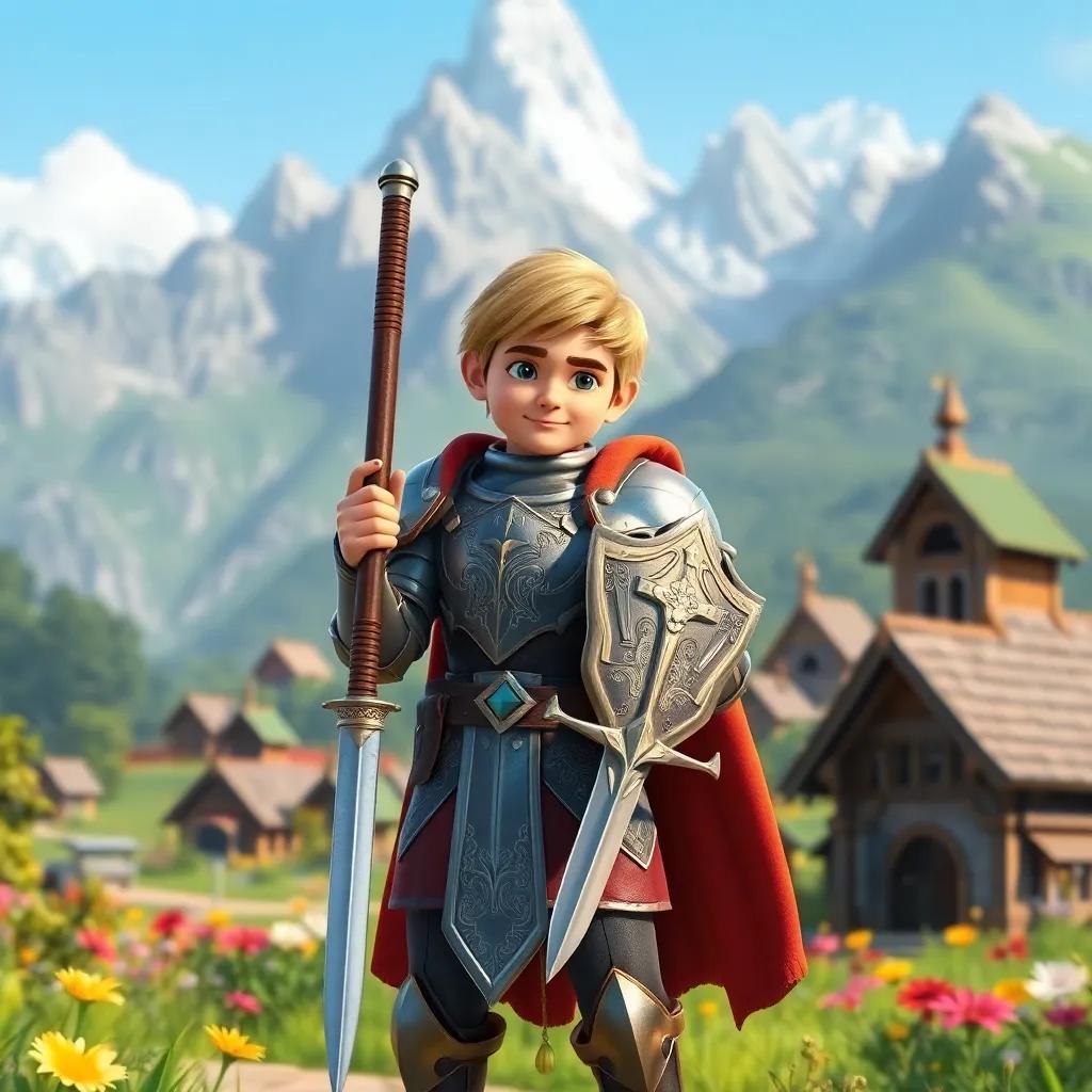 A brave knight named Zain, wearing shiny armor and holding a sword, standing in a beautiful green village with mountains behind him, colorful flowers around, digital art, vibrant colors, heroic atmosphere, high quality