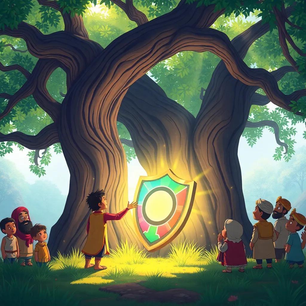 Zain discovering a magical shield glowing under an old tree, the shield radiating rainbow colors, surrounded by curious villagers watching, bright sunlight filtering through tree leaves, detailed illustration, cheerful, enchanted vibe