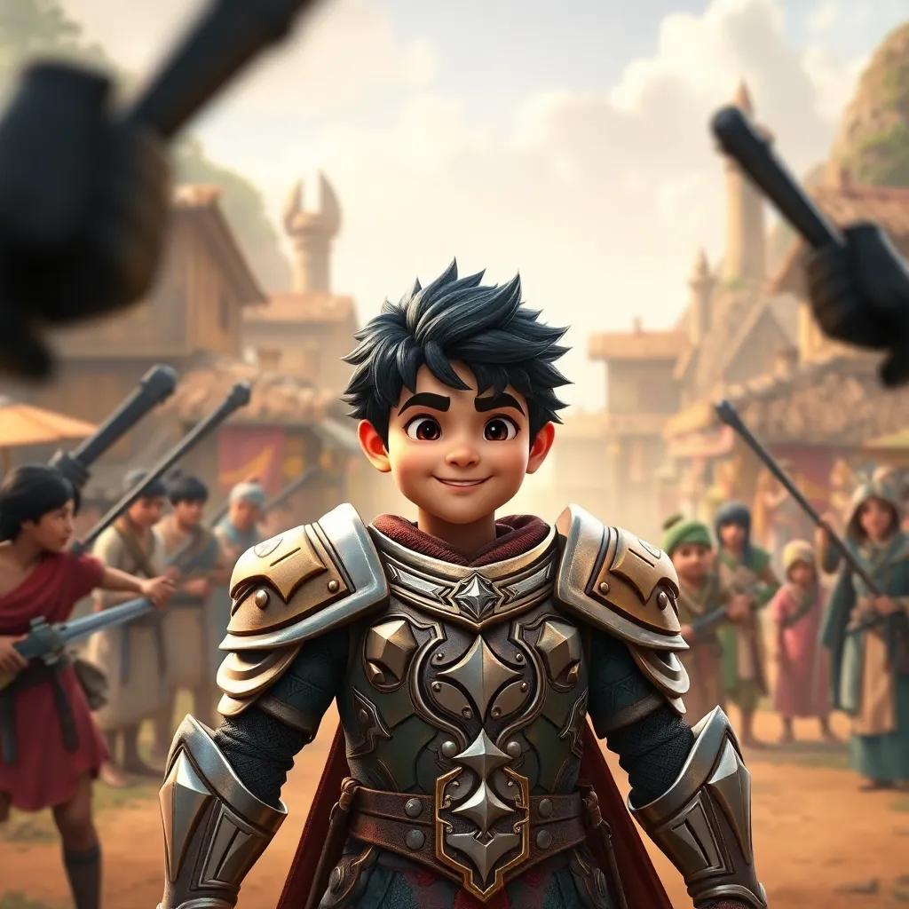 Zain wearing the magical armor with a confident smile, standing tall in front of attackers, the village in the background with villagers cheering him on, action-packed scene, realistic style, dynamic perspective, high quality