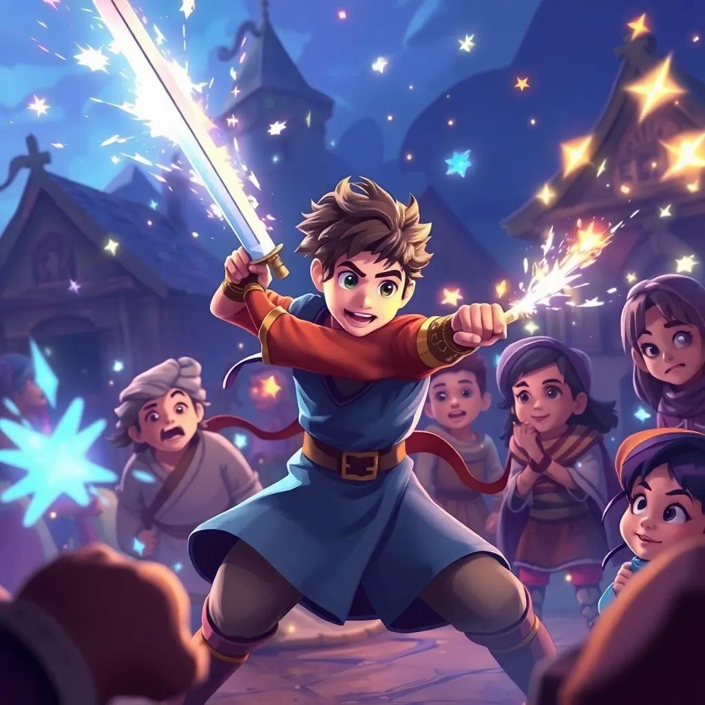 A great battle scene with Zain showing bravery, using his sword expertly against the invaders, bright magical sparks flying around, villagers watching with hopeful expressions, dramatic, colorful illustration, uplifting atmosphere