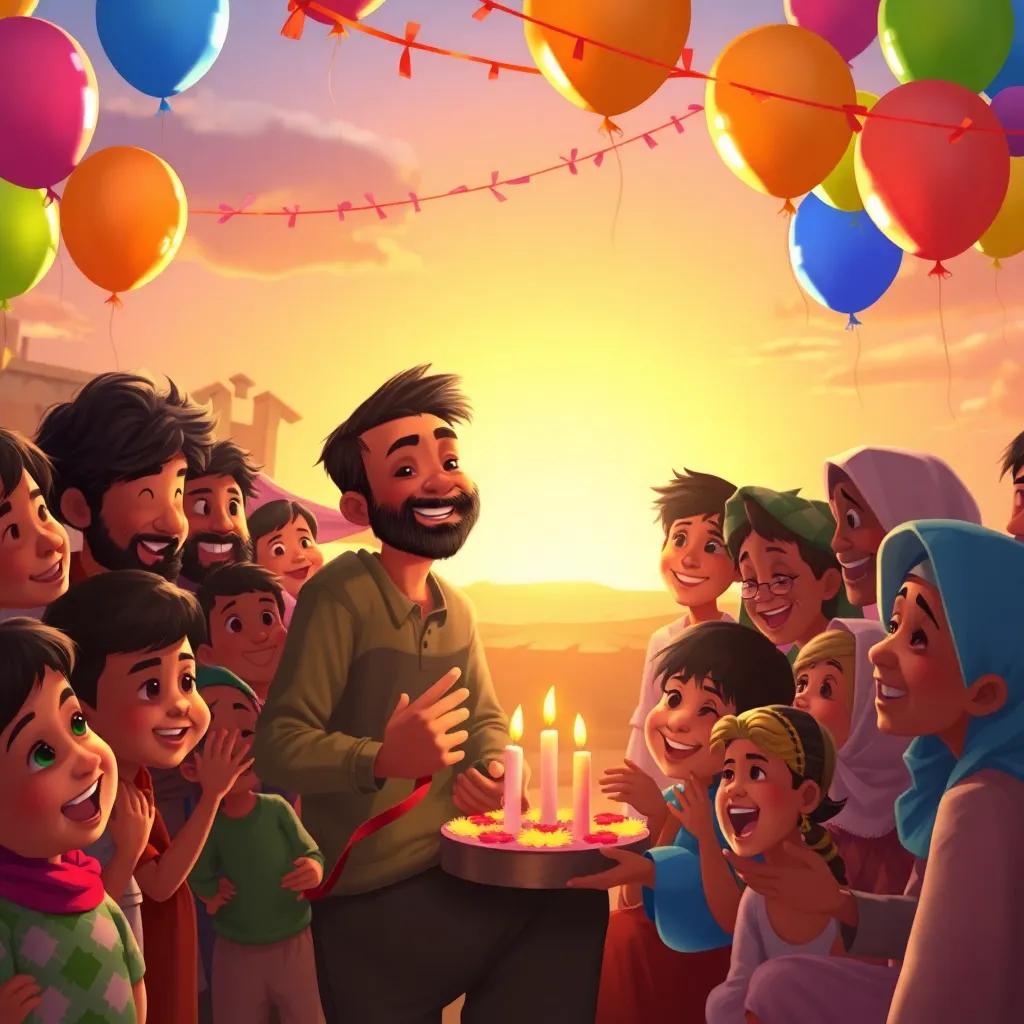 Zain celebrated by his village, surrounded by happy children and adults, colorful balloons and decorations, the sun setting in the background, warm and joyful scene, heartwarming digital painting, community spirit