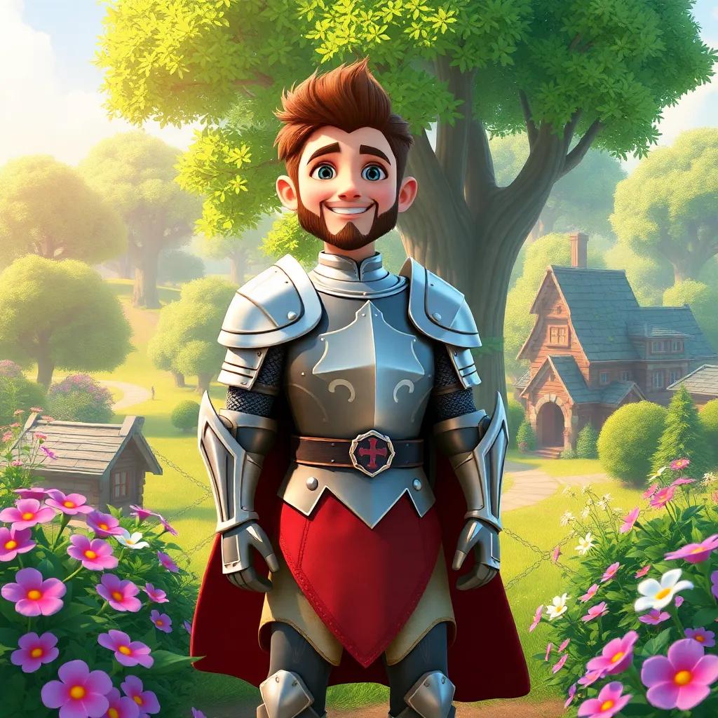 A brave knight named Fares in shining armor, standing in a beautiful, green village surrounded by trees and flowers, digital art, vibrant colors, cheerful atmosphere, high quality
