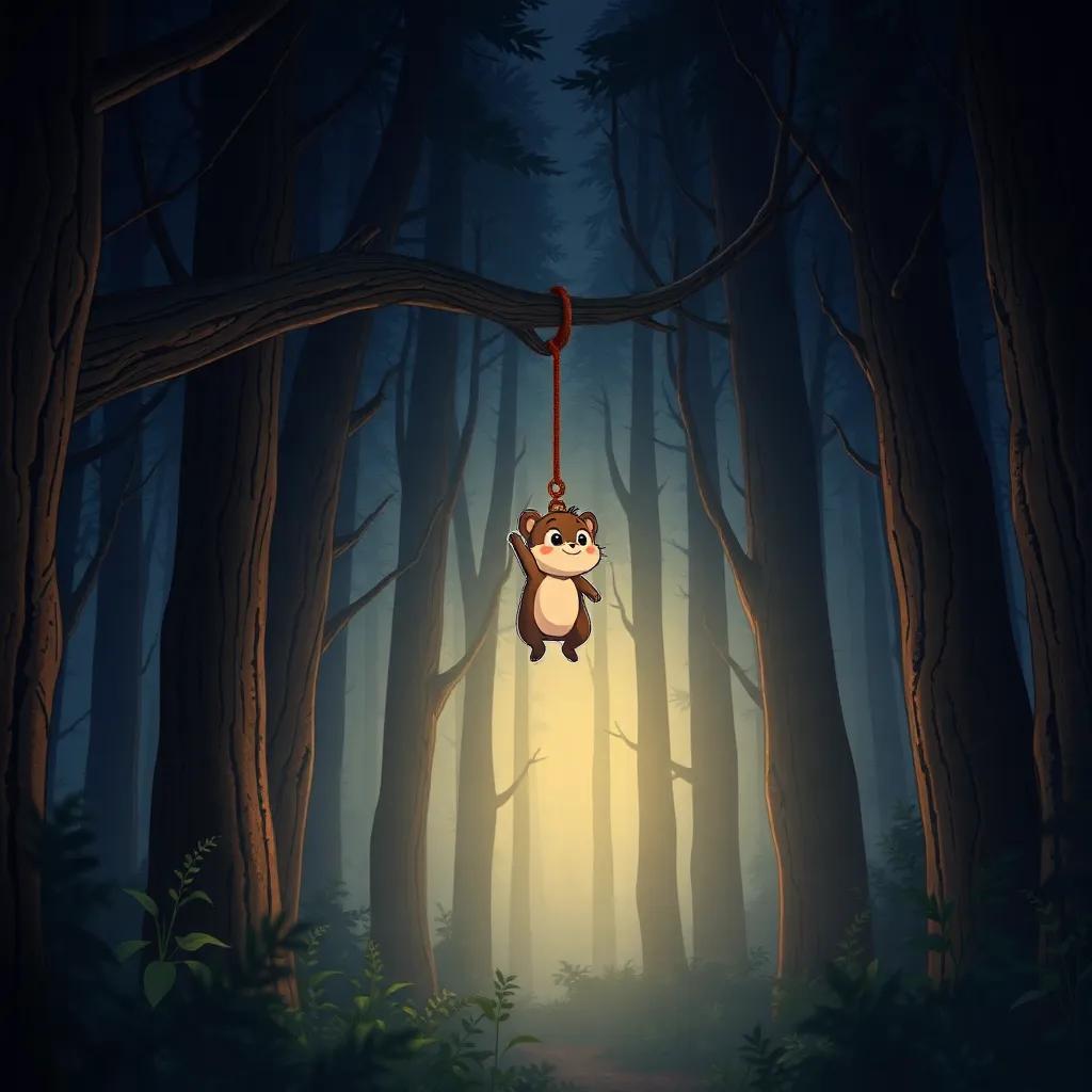A dark forest with tall trees, where a small trapped animal is hanging on a branch, with Fares the knight rescuing it with a determined look, illustration, warm light, friendly expression, high quality