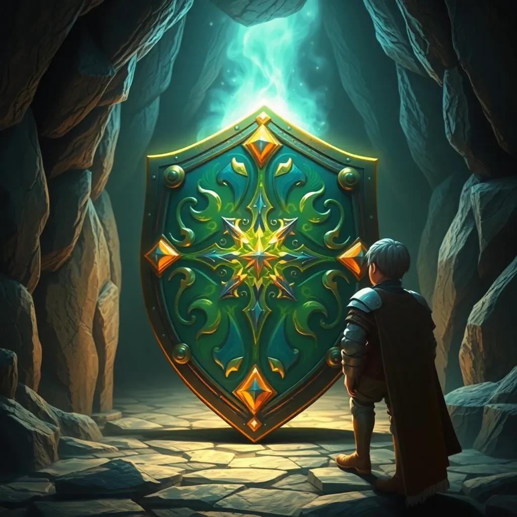 The magical shield glowing in a dark cave, made of beautiful metal with shining colors, as Fares the knight looks at it with awe, digital painting, enchanting light, detailed designs, high quality