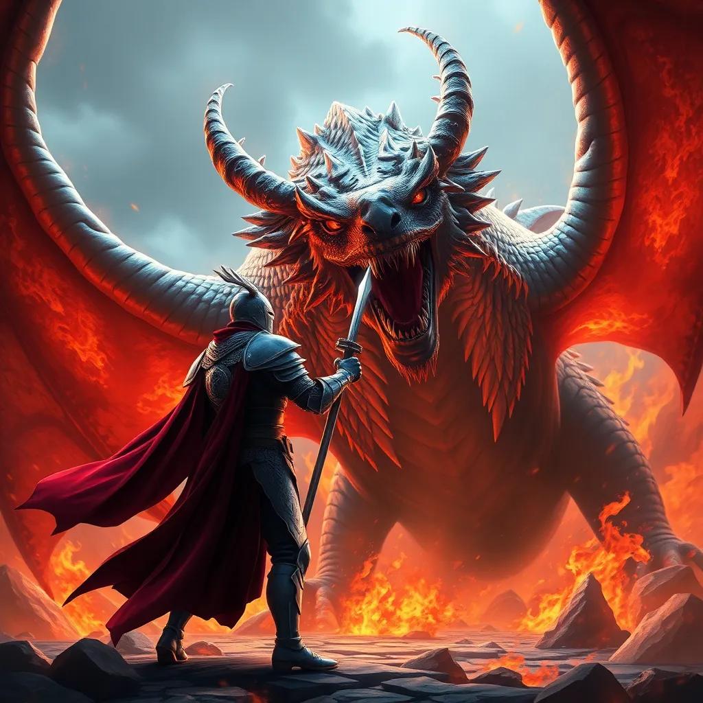 Fares, the knight in magical armor, facing a huge dragon, with flames in the background and an intense battle scene, illustration, dramatic lighting, action-packed, high quality