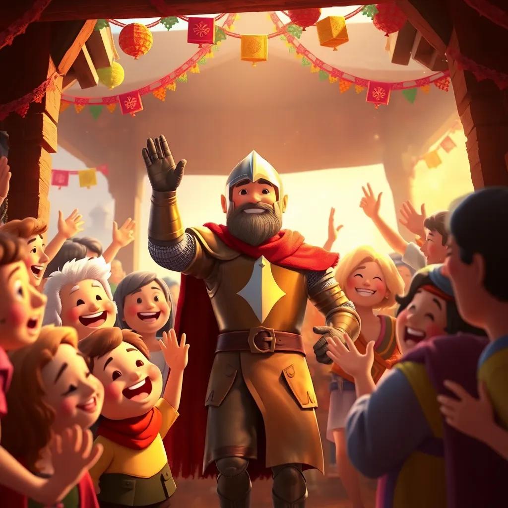 Fares, the knight celebrated by happy villagers, surrounded by joyful faces and colorful decorations, returning home as a hero, heartwarming scene, warm colors, uplifting atmosphere, high quality