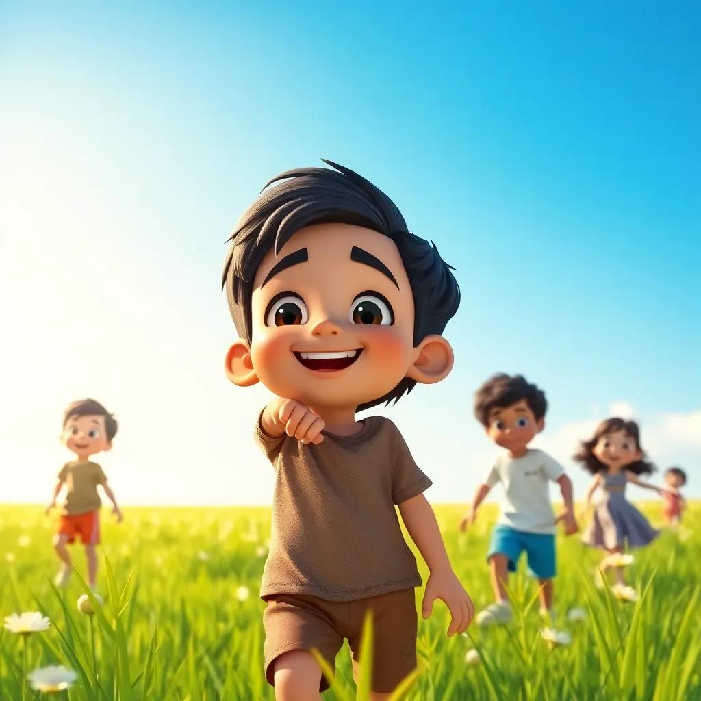 A young Arab boy, Sami, with short black hair, wearing a t-shirt and shorts, playing with friends in a sunny meadow, bright green grass and blue sky, cheerful, vibrant colors, engaging atmosphere, high quality