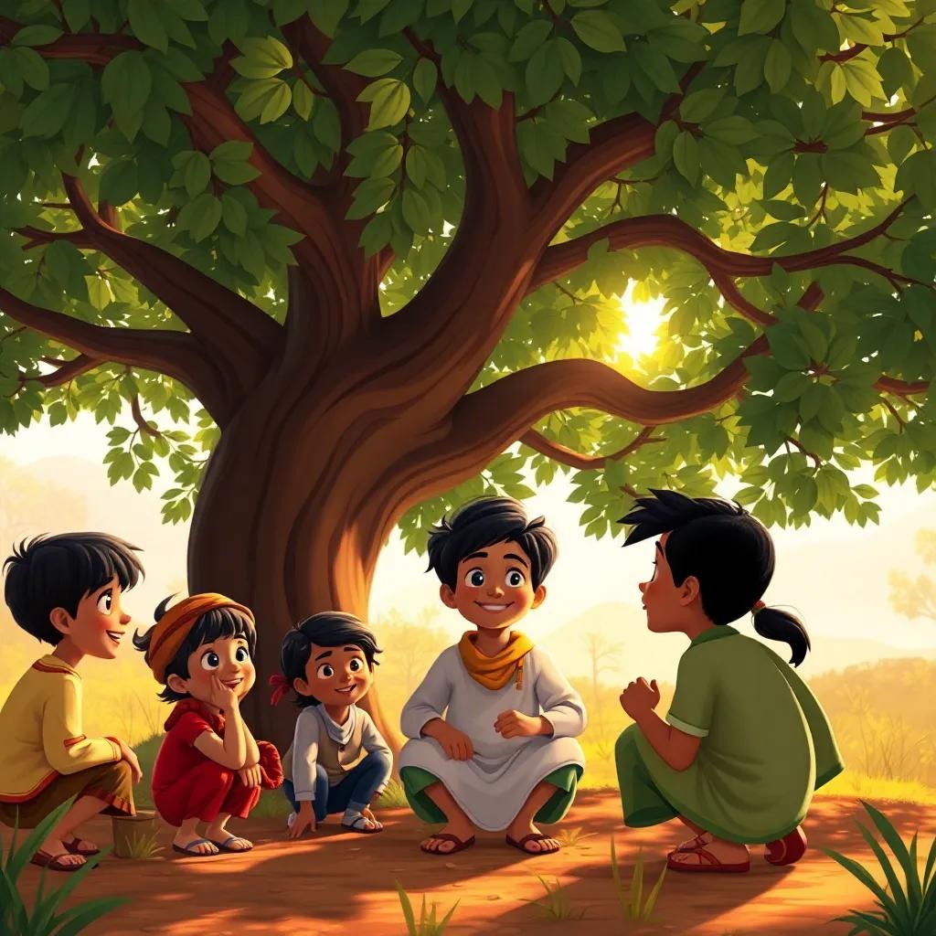 A gathering of children, led by Sami, as they discuss their plan under a big tree in the village, a sense of determination, warm sunlight filtering through leaves, friendly expressions, vivid and colorful, upbeat scene, storytelling view