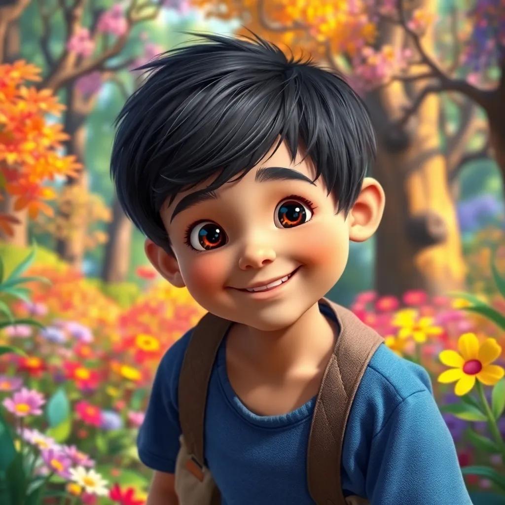 A young boy named Ali, with short black hair, wearing a blue shirt and brown pants, exploring a magical forest, surrounded by colorful trees and flowers, bright and cheerful atmosphere, digital art, whimsical, vibrant colors, joyful expression, high quality