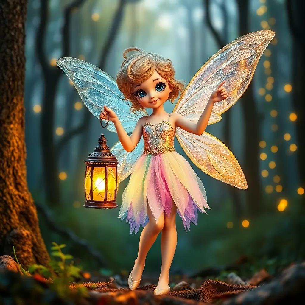 A friendly fairy, with shimmering wings, wearing a sparkling dress in pastel colors, holding an old, glowing magical lantern, standing in the enchanting forest, warm light, magical ambiance, rich colors, child-friendly, high quality