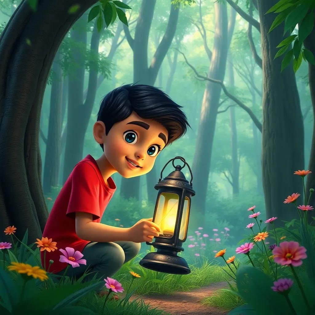 A young Arab boy, Sami, with short black hair and wearing a red shirt, discovering an old lantern in a lush green forest, surrounded by tall trees and colorful flowers, magical atmosphere, vibrant colors, child-friendly, highly detailed, digital art