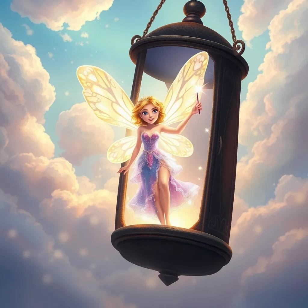 A beautiful fairy emerging from the ancient lantern, sparkling with magic, wearing a shimmering dress and holding a wand, in a sky filled with fluffy clouds, enchanting light, whimsical colors, detailed illustration
