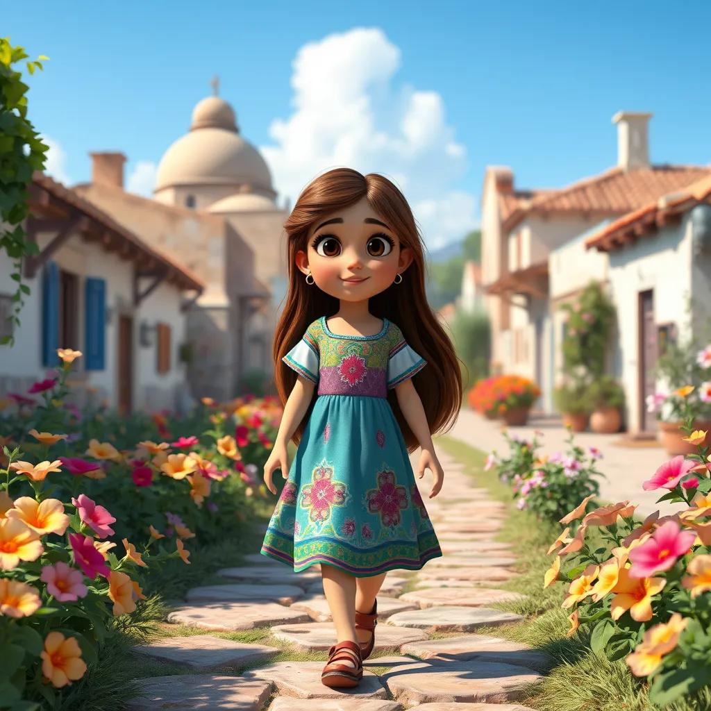 A young Arab girl, Leila, with long brown hair, wearing a colorful dress, walking on a sunny path in a beautiful village, vibrant flowers around, digital art, cheerful, warm colors, inviting atmosphere, high quality