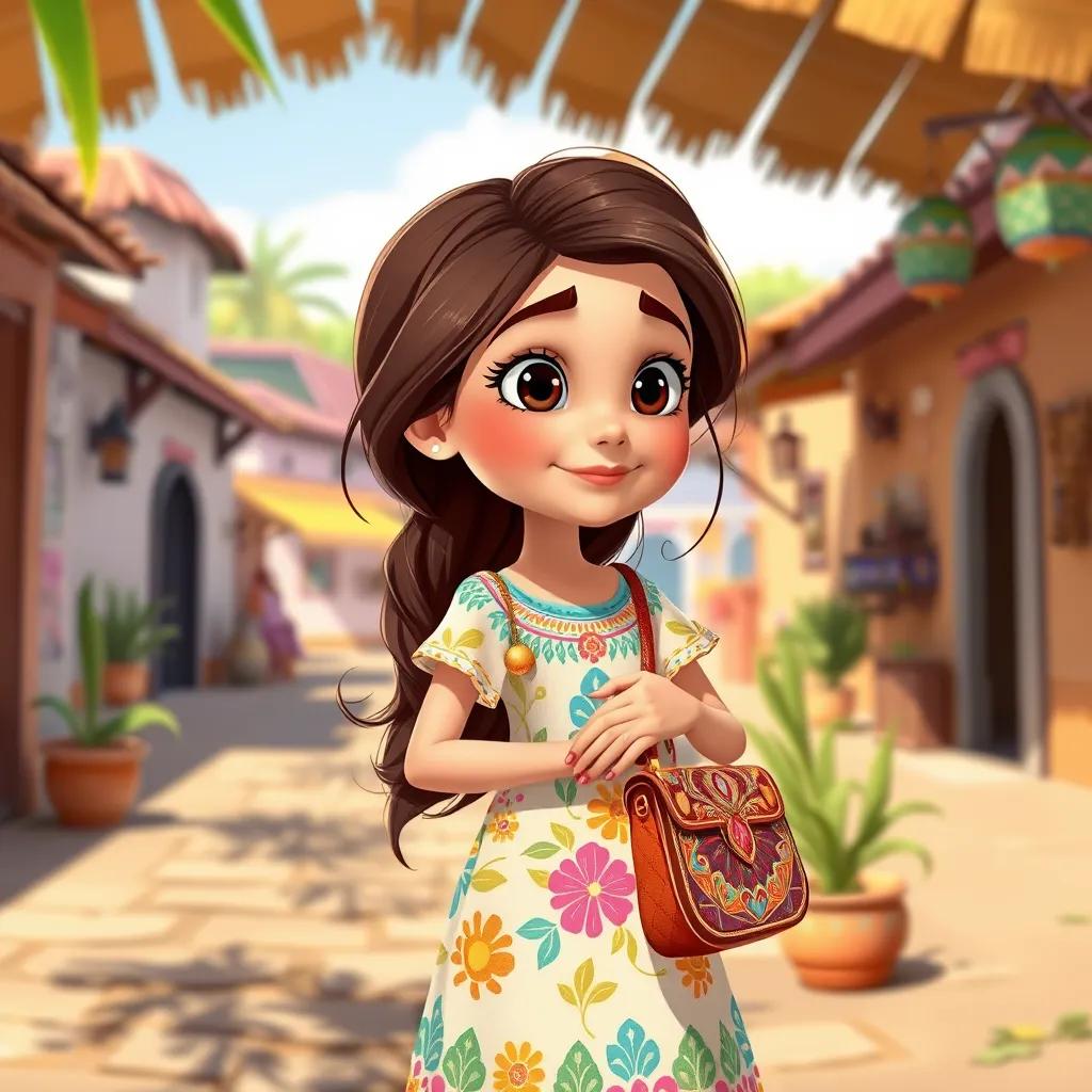A young Arab girl, Leila, with long brown hair, wearing a colorful dress, holding a beautiful bag while looking around curiously in a sunny village, illustration, bright, cheerful, child-friendly, high quality