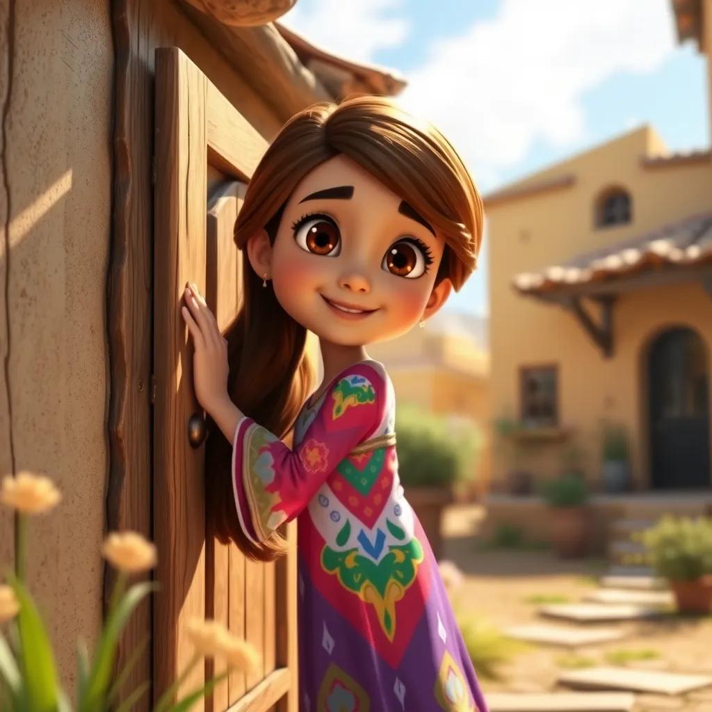 A young Arab girl, Leila, with long brown hair in a colorful dress, knocking on a wooden door of a house in a sunny village, bright sunshine, friendly atmosphere, digital art, vivid colors, high quality