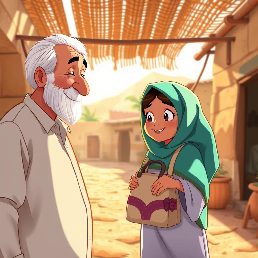 An elderly man looking happy and relieved as Leila, a young Arab girl, gives him back his bag, in a sunny village setting, warm light, thankful atmosphere, digital illustration, child-friendly, high quality