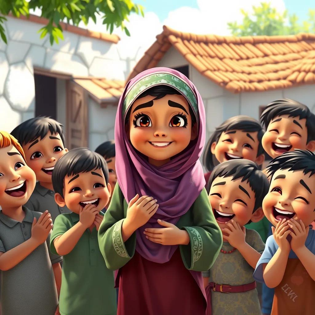 A joyful village scene with Leila, the young Arab girl, surrounded by children cheering for her, everyone smiling as they celebrate her kindness, bright and colorful, uplifting, high quality