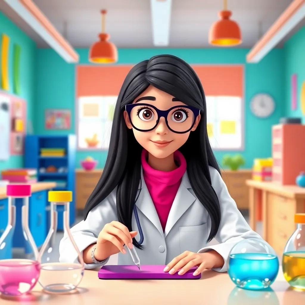 A young Arab girl, Leila, with long black hair, wearing a lab coat and glasses, working on a science experiment in a bright and colorful classroom, digital art, vibrant, cheerful atmosphere, educational focus, high quality