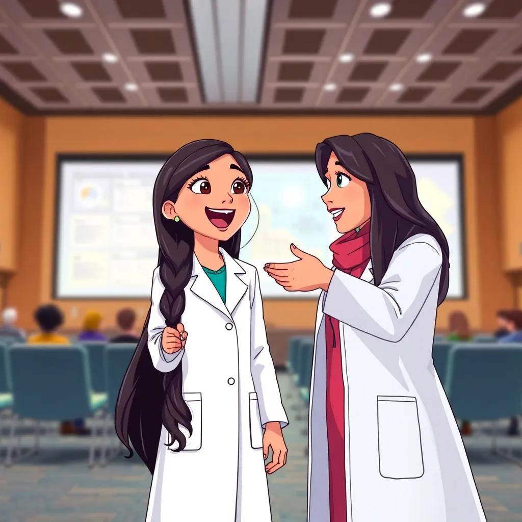 Leila, a young Arab girl with long black hair in a lab coat, excitedly discussing her science project with famous scientist Dr. Sarah in a conference hall, illustration, lively, inspirational, bright colors, high quality