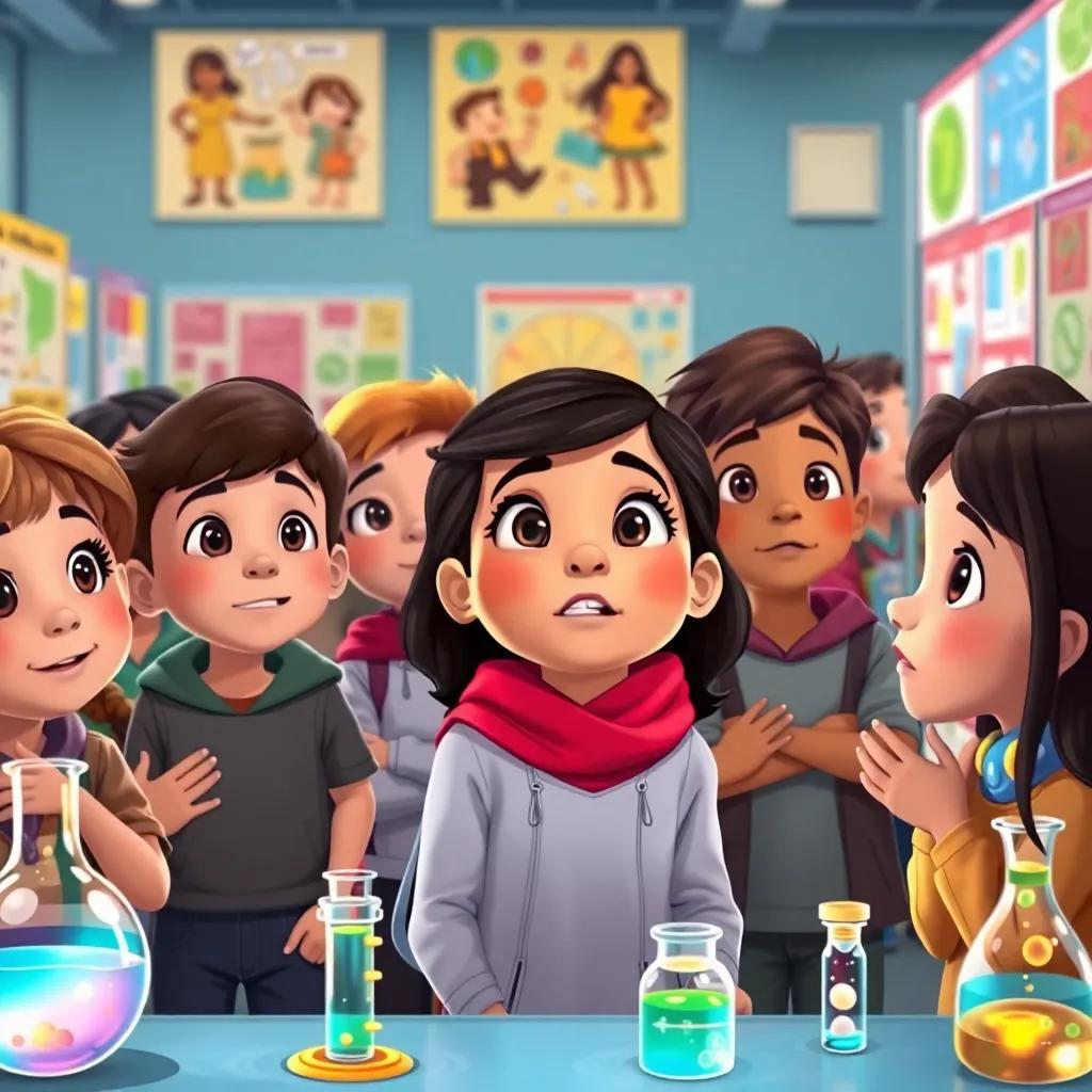 A diverse group of children, including Leila, eagerly watching a science demonstration at a science fair, with colorful posters and experiments around them, cartoonish style, energetic, engaging atmosphere, high quality