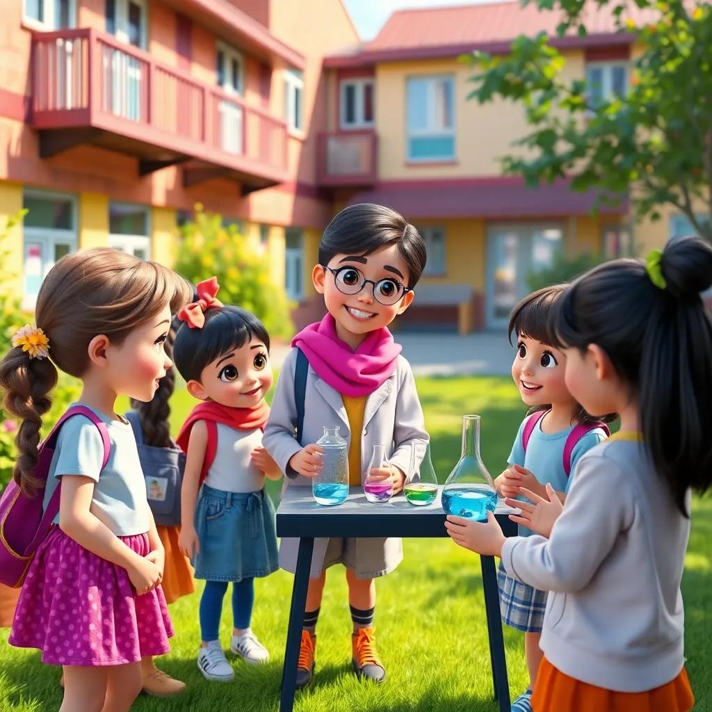 A group of young girls inspired by Leila, admiring her science project and discussing plans for their own experiments in a schoolyard, cheerful, colorful, nurturing environment, high quality