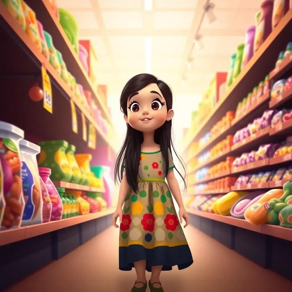 A young Palestinian girl, Latifa, with long, dark hair wearing a colorful dress, walking through a bright grocery store, looking at products thoughtfully, happy atmosphere, vibrant colors, child-friendly, high quality