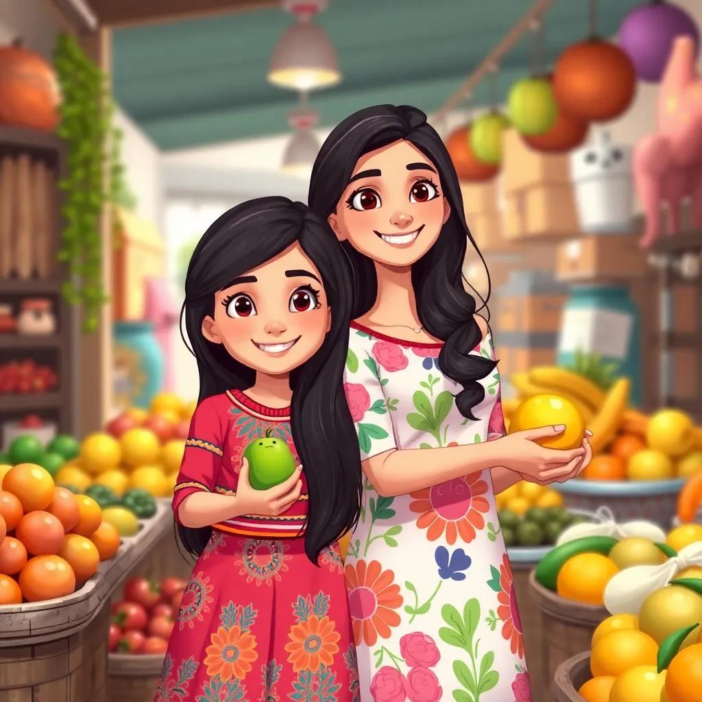 Latifa, a young Palestinian girl with long, dark hair in a colorful dress, standing next to her friend Sara, both of them smiling and holding local fruits, in a friendly market environment, illustration, cheerful, engaging, high quality