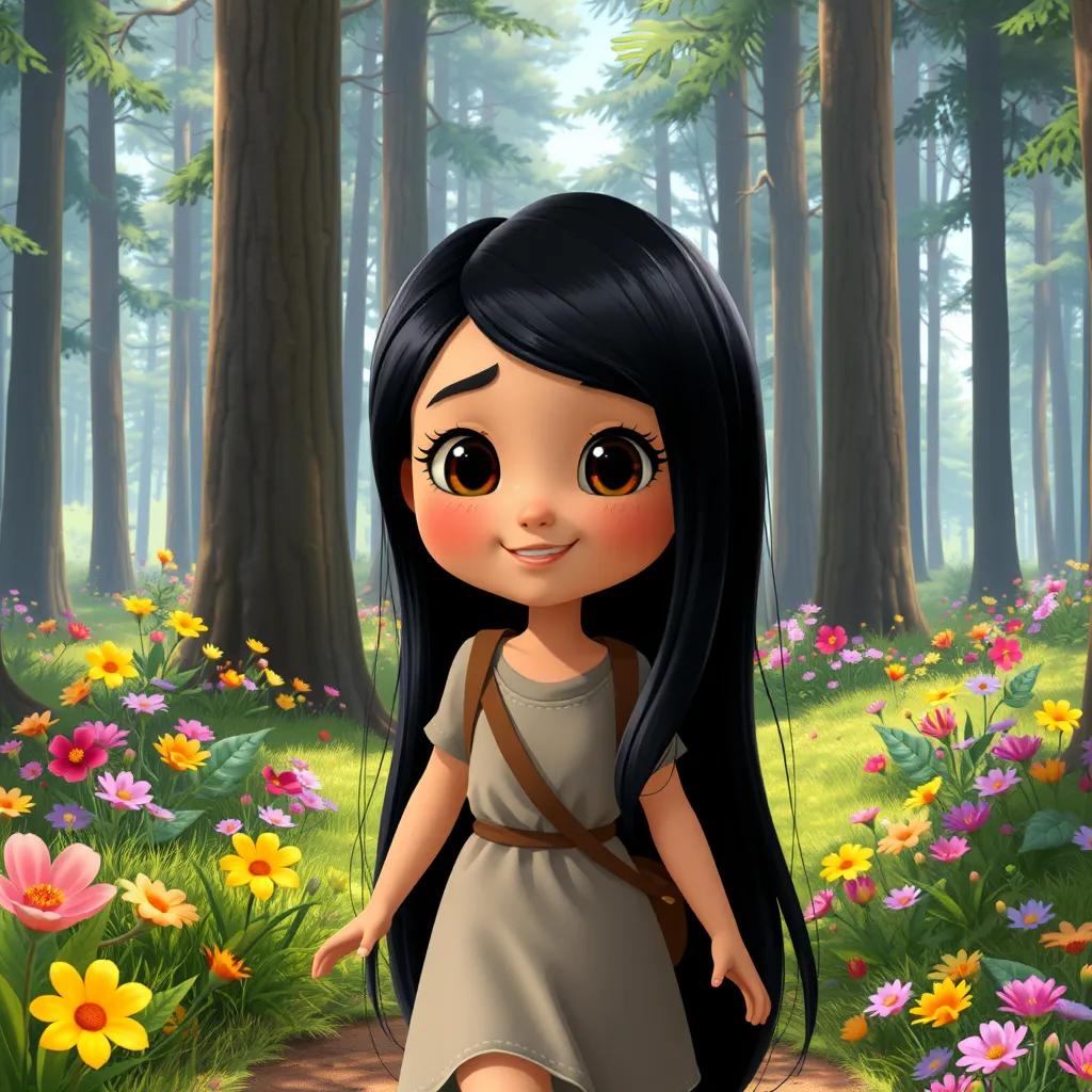 Layla, a beautiful girl with long black shiny hair, walking in a forest filled with tall trees and colorful flowers, cheerful, adventure-themed, child-friendly, bright light, rich greens