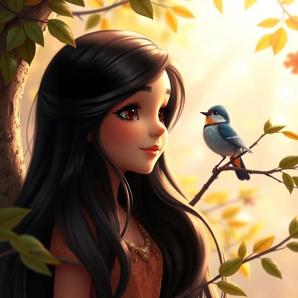 Layla, a beautiful girl with long black shiny hair, listening to a lovely songbird perched on a tree branch, surrounded by leaves and sunlight, warm and inviting, detailed, storybook style