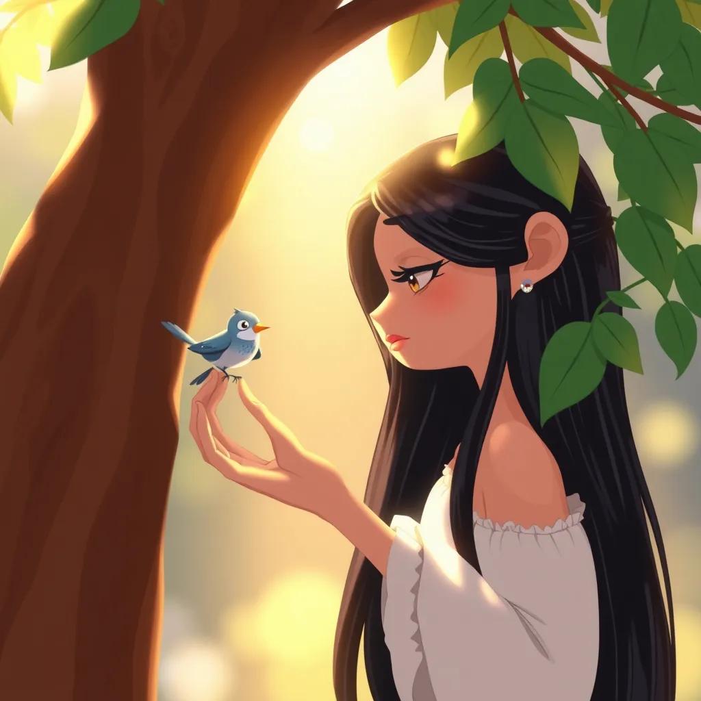 Layla, a beautiful girl with long black shiny hair, gently freeing a small bird trapped in a tree, warm light, uplifting scene, friendly and bright colors, illustration
