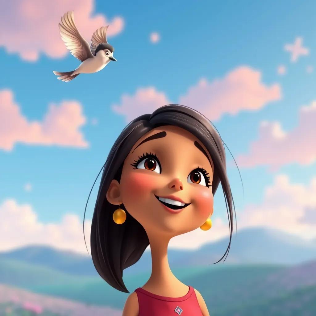 A small bird flying freely in the sky, singing thanks to Layla, a beautiful girl with long black shiny hair, colorful landscape in the background, joyful and emotional, rich colors, high quality