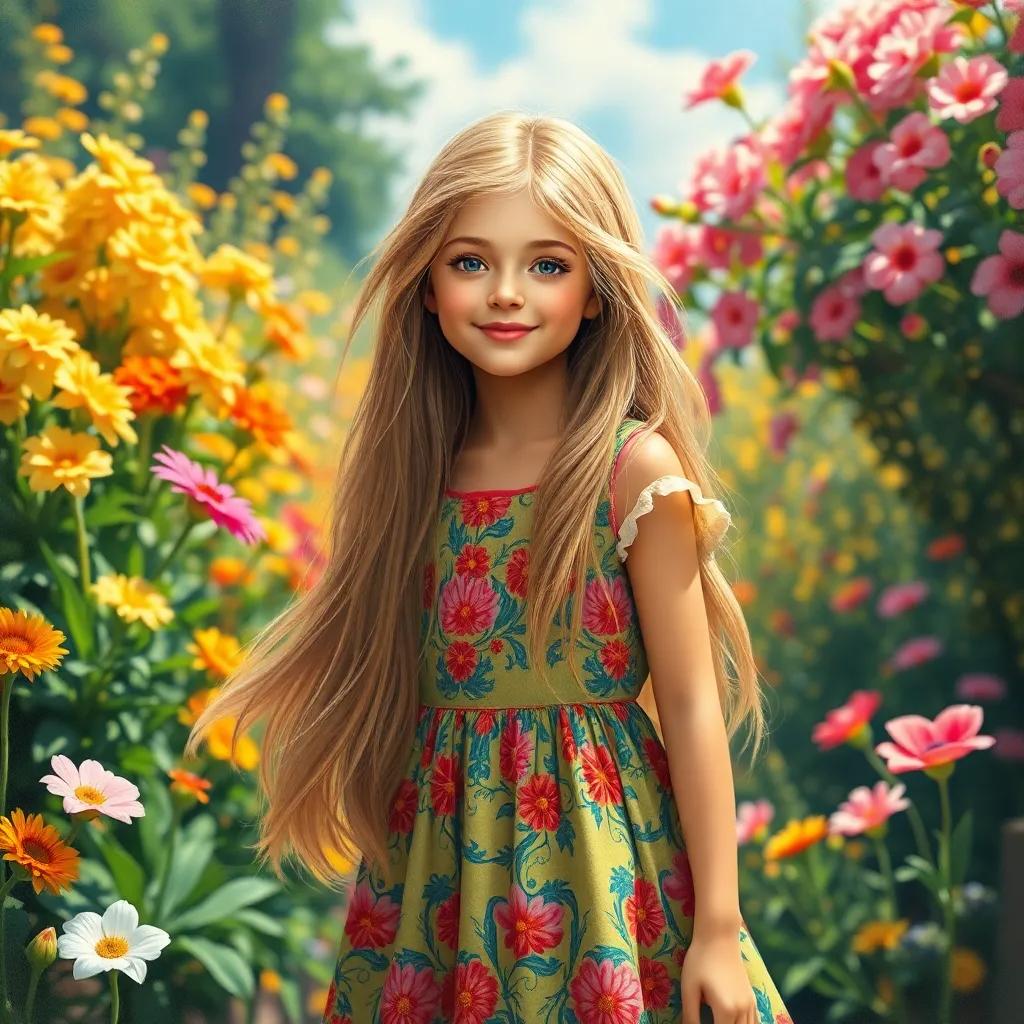 A beautiful young girl, Layla, with long, flowing hair, wearing a colorful dress, standing by a blooming flower garden, cheerful expression, sunny day, vibrant colors, magical atmosphere, high quality