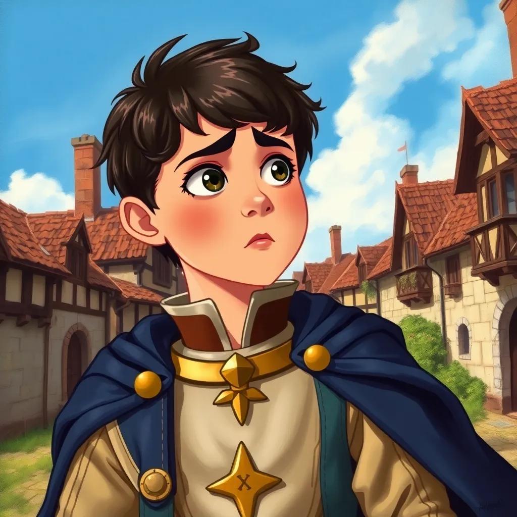 A brave young prince, Rami, with short dark hair, wearing a royal outfit with a cape, looking worried while standing in a quaint village square with cottages, blue sky, detailed illustration, engaging scene, cheerful vibe